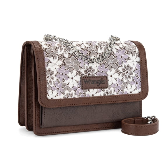 Wrangler Purses for Women Floral Tooled Crossbody Bag Flap Purse with Chain Strap, Coffee