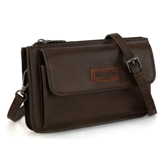 Wrangler RFID Crossbody Wallet Purse Vegan Leather Small Purses for Women with Phone Pocket and Adjustable Strap, Coffee
