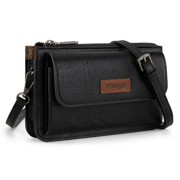 Wrangler RFID Crossbody Wallet Purse Vegan Leather Small Purses for Women with Phone Pocket and Adjustable Strap, Black