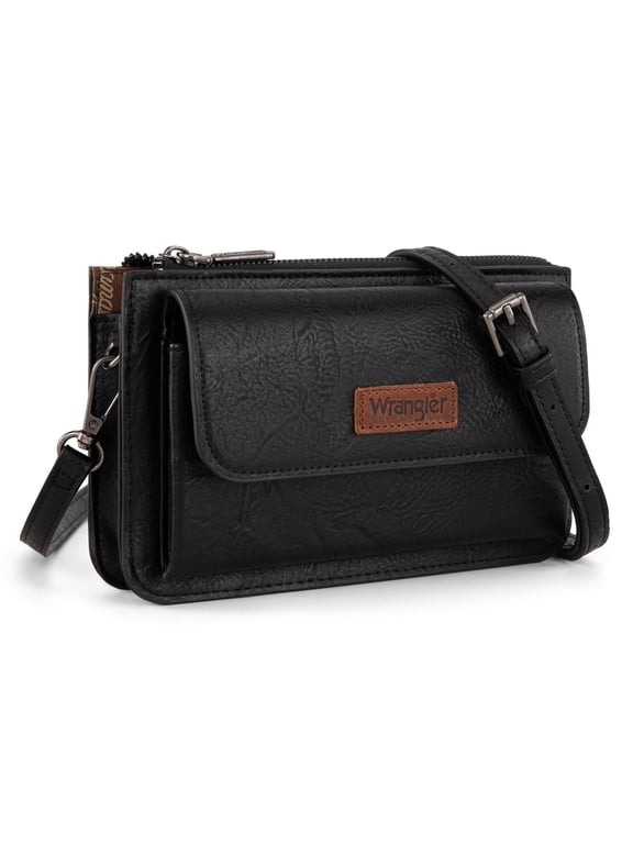 Wrangler RFID Crossbody Wallet Purse Vegan Leather Small Purses for Women with Phone Pocket and Adjustable Strap, Black