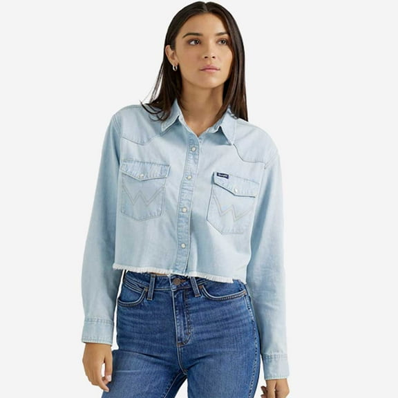 Wrangler Women's Retro Long Sleeve Snap Denim Cropped Western Shirt - 112356656   US