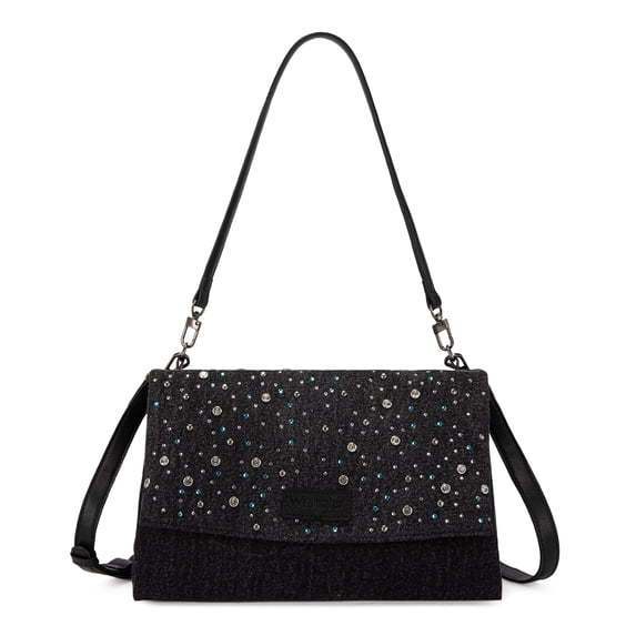 Wrangler Rhinestone Denim Canvas Crossbody Shoulder Bag for Women Bling Handbag, Black
