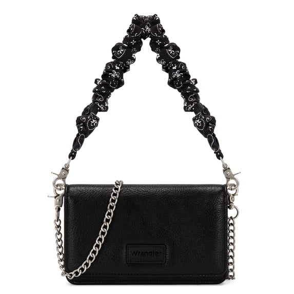 Wrangler Small Flap Crossbody Handbag Western Women Mini Purse with Ruched Paisley Strap & Chain Strap, Black
