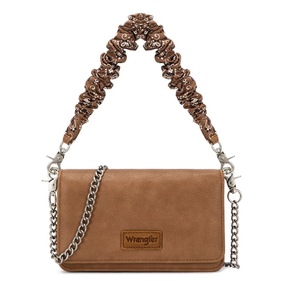 Wrangler Small Flap Crossbody Handbag Western Women Mini Purse with Ruched Paisley Strap & Chain Strap, Brown