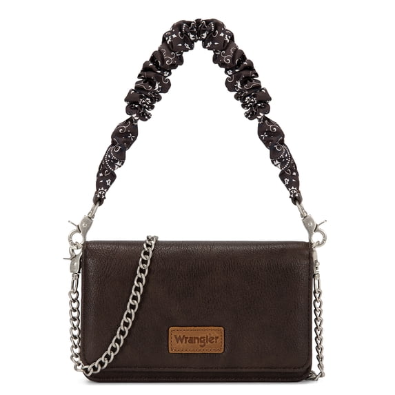 Wrangler Small Flap Crossbody Handbag Western Women Mini Purse with Ruched Paisley Strap & Chain Strap, Coffee