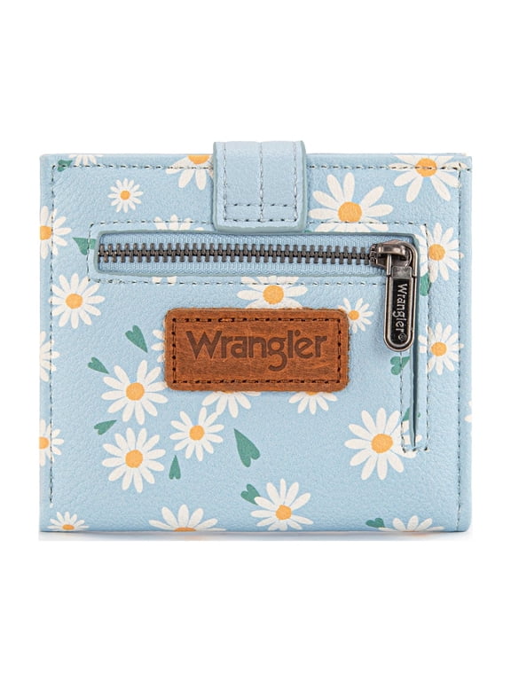 Wrangler Small Women's Wallet Slim Bifold Wallet RFID Credit Card Holder Minimalist Zipper Coin Pocket, Whisper of Daisies