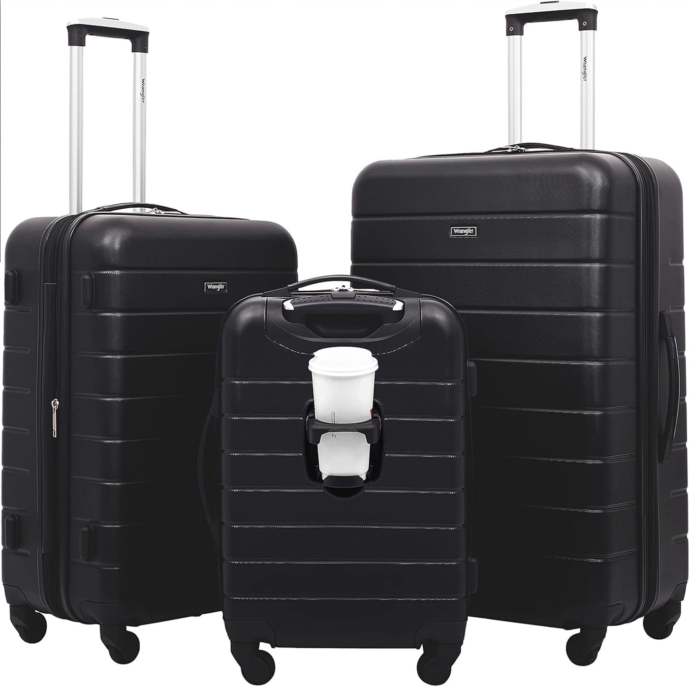 Wrangler Smart Luggage Set with Cup Holder and USB Port, Black, 3 Piece Set