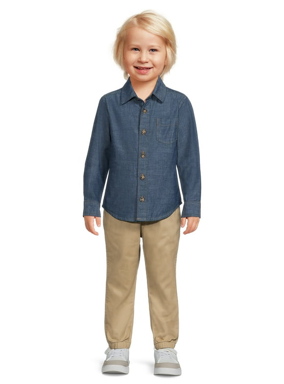 Wrangler Toddler Boys’ Long Sleeve Chambray Shirt and Jogger Pants Set, 2-Piece, Size 2T-4T