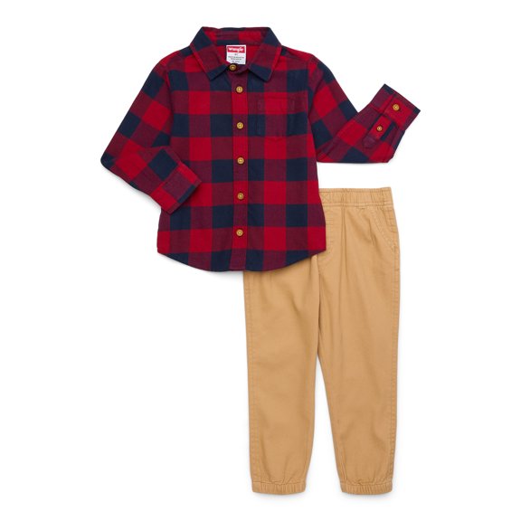 Wrangler Toddler Boys Long Sleeve Flannel Button-Up Shirt and Pants Set, Sizes 2T-4T