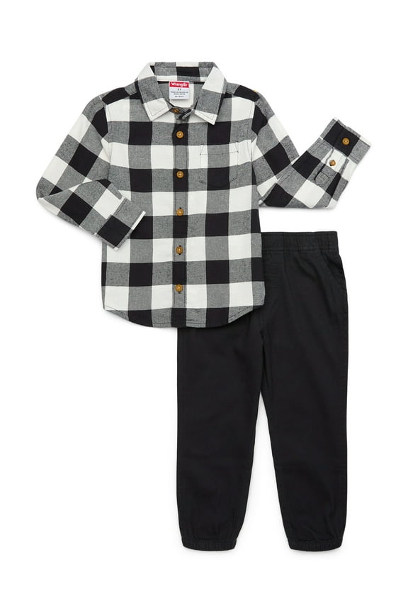 Toddler Boys Long Sleeve Flannel Button-Up Shirt and Pants Set, Sizes 2T-4T