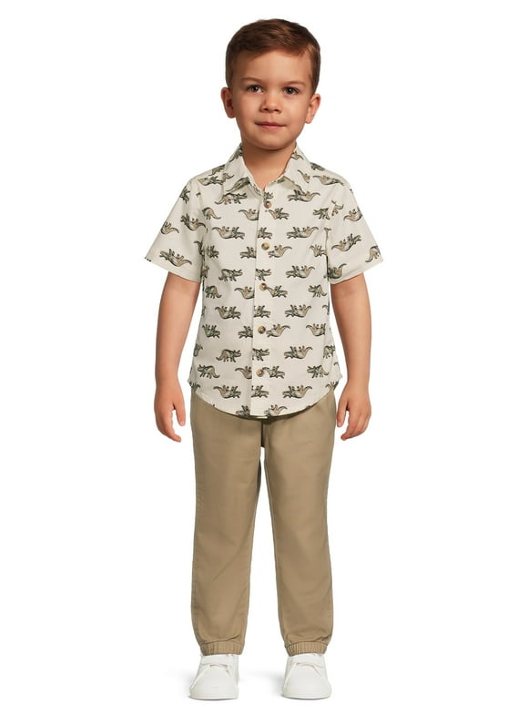 Wrangler Toddler Boys’ Short Sleeve Printed Poplin Shirt and Jogger Pants Set, 2-Piece, Size 2T-4T