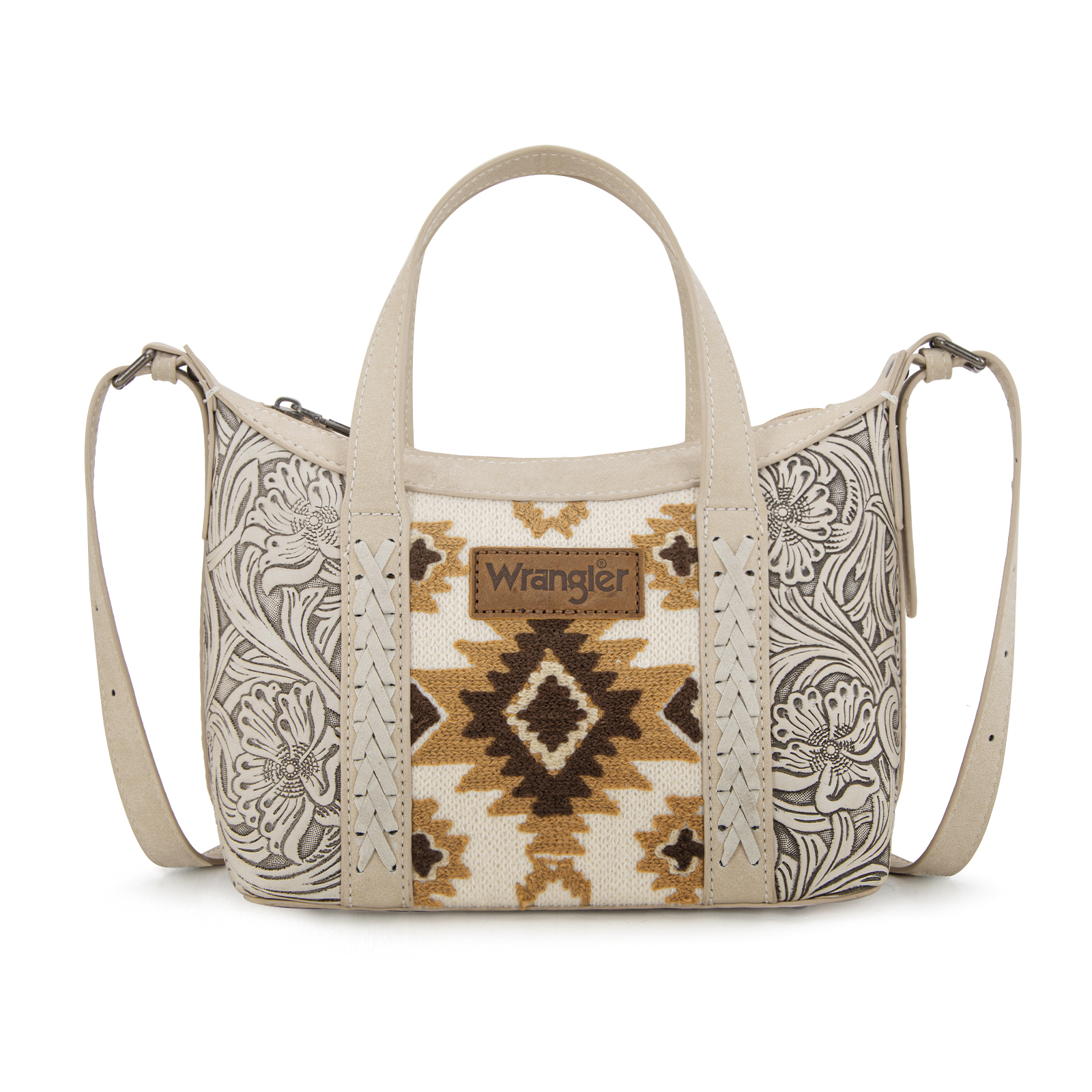 Wrangler Tooled Aztec Small Crossbody Handbag for Women Stylish Handle Bag Designer Top-Handle Crossbody Bags, Beige
