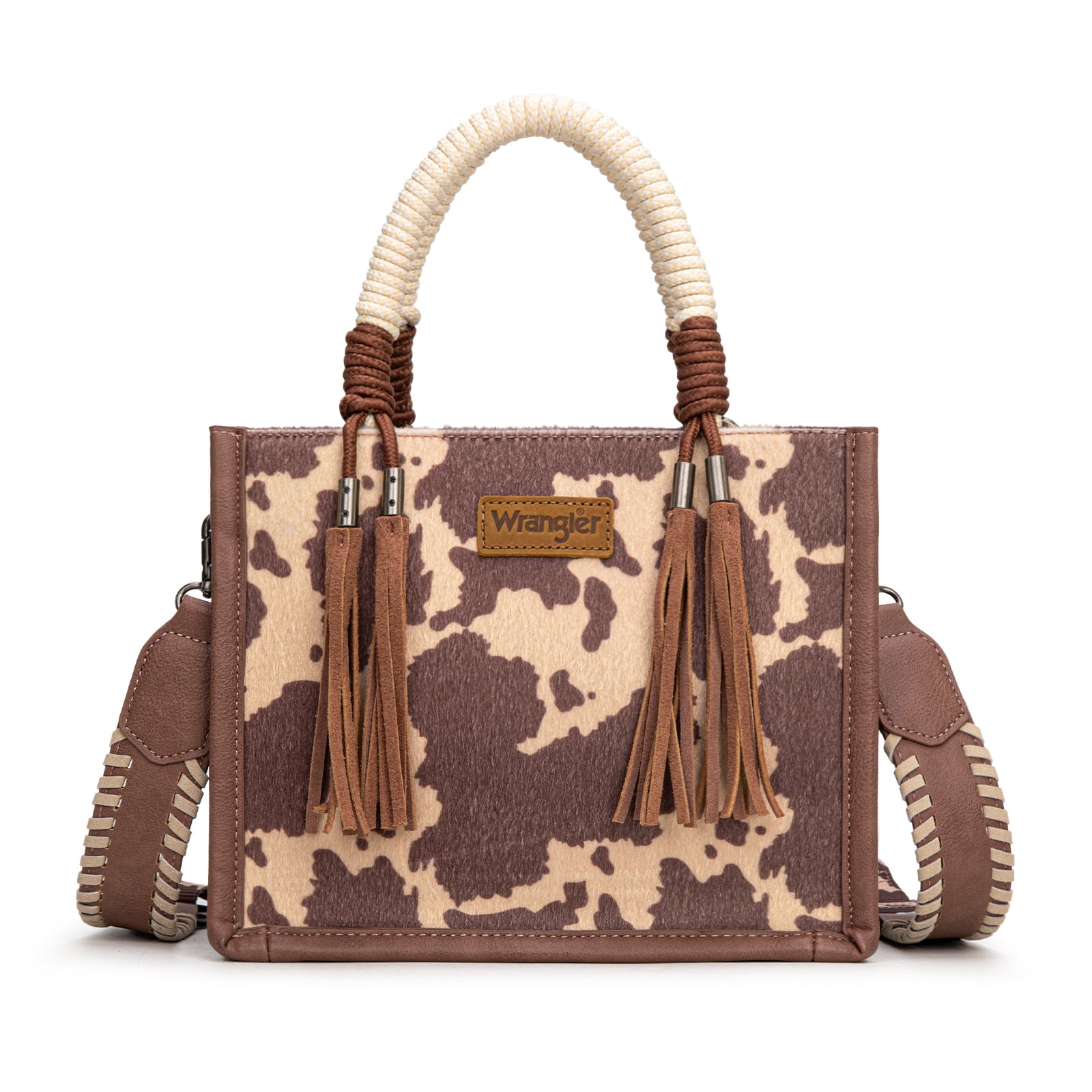 Wrangler Tote Bag Cow Print Western Satchel Bags for Women with Braided Rope Handle, Light Coffee