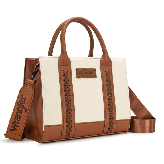 Wrangler Medium Tote Bag for Women Canvas Structured Satchel Purse with Braided Straps Top-handle Handbag with Zipper Pocket, Brown
