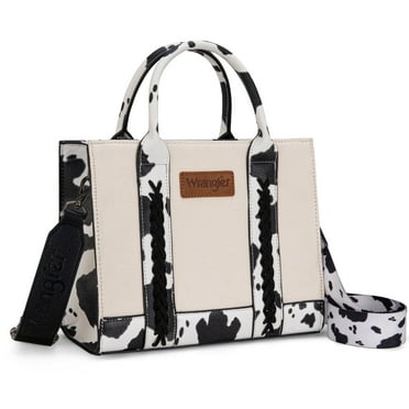 Wrangler Medium Tote Bag for Women Canvas Structured Satchel Purse with Braided Straps Top-handle Handbag with Zipper Pocket, COW-Black