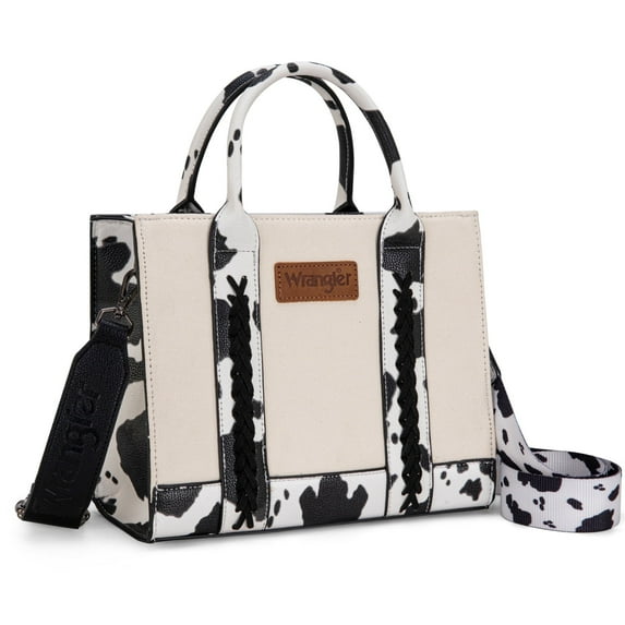Wrangler Medium Tote Bag for Women Canvas Structured Satchel Purse with Braided Straps Top-handle Handbag with Zipper Pocket, COW-Black