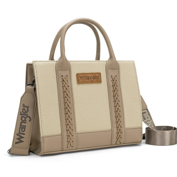 Wrangler Medium Tote Bag for Women Canvas Structured Satchel Purse with Braided Straps Top-handle Handbag with Zipper Pocket, Khaki