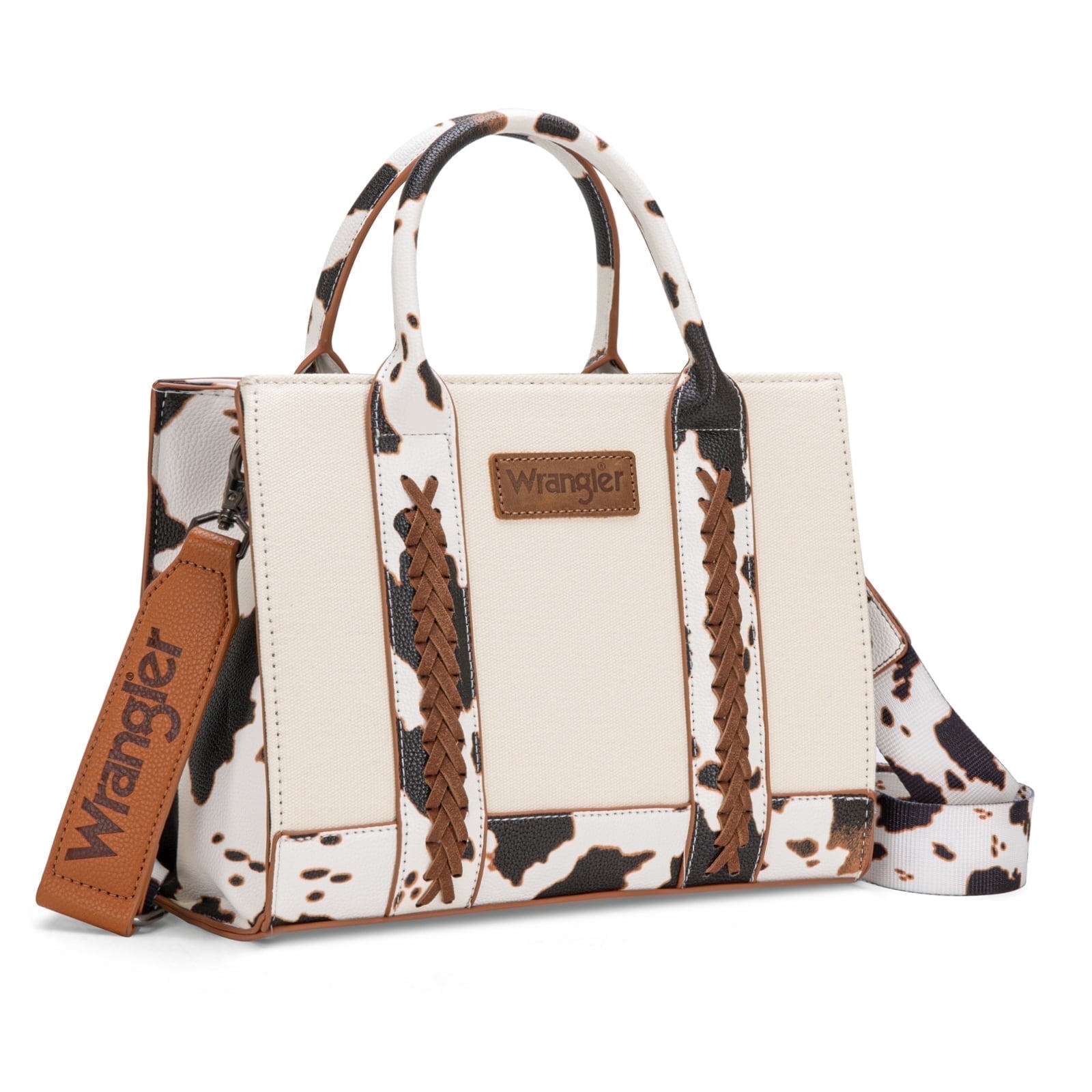 Wrangler Medium Tote Bag for Women Canvas Structured Satchel Purse with Braided Straps Top-handle Handbag with Zipper Pocket, COW-Brown