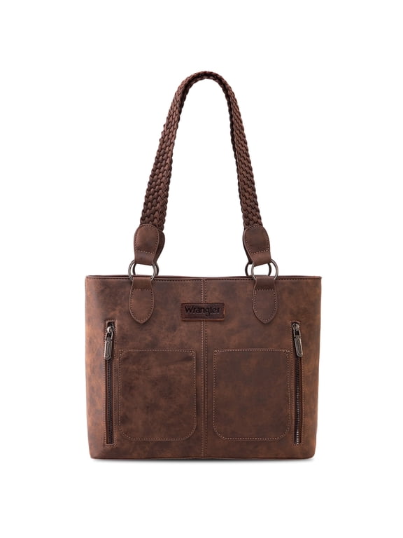 Wrangler Distressed Tote Bag for Women Western Purse Multi Pockets Handbags and Shoulder Bag, Coffee