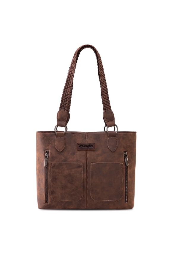 Wrangler Distressed Tote Bag for Women Western Purse Multi Pockets Handbags and Shoulder Bag, Braided-coffee Bean