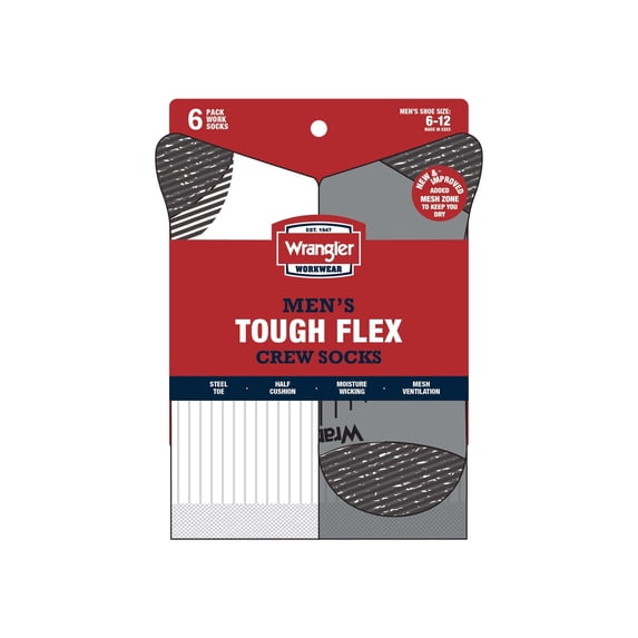 Wrangler Men's Tough Flex Light Compression Crew Socks, 6-Pack, Sizes 6-12