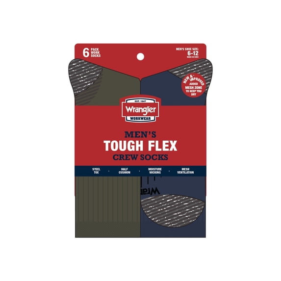Wrangler Men's Tough Flex Light Compression Crew Socks, 6-Pack, Sizes 6-12
