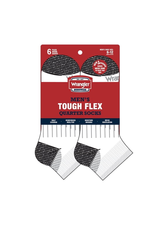 Men's Tough Flex Light Compression Quarter Socks, 6-Pack, Sizes 6-12