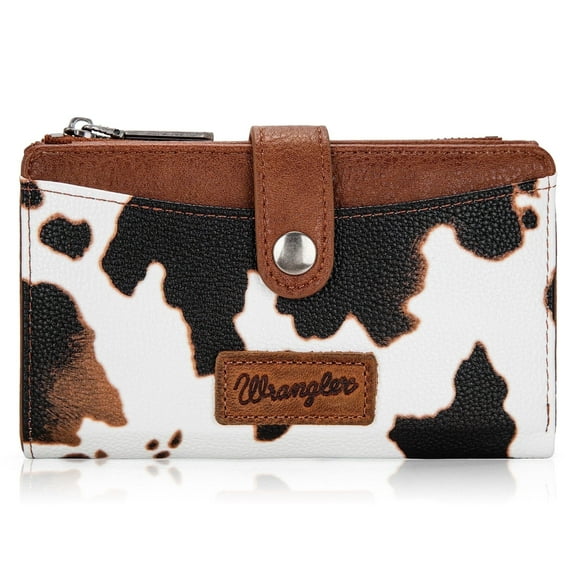 Wrangler Wallets for Women Slim Bifold Credit Card Holder, Cow Print-Brown