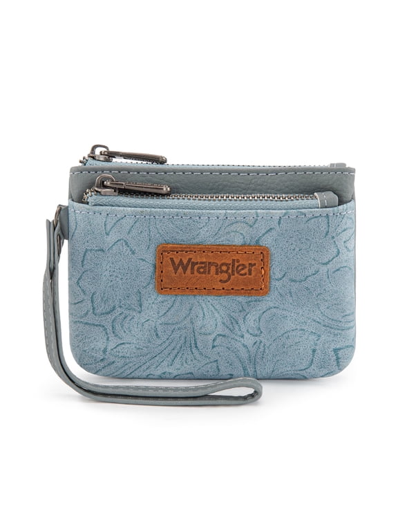 Wrangler Wallet for Women RFID-Blocking Floral Embossed Coin Purse Lightweight Wristlet Wallets, Jean