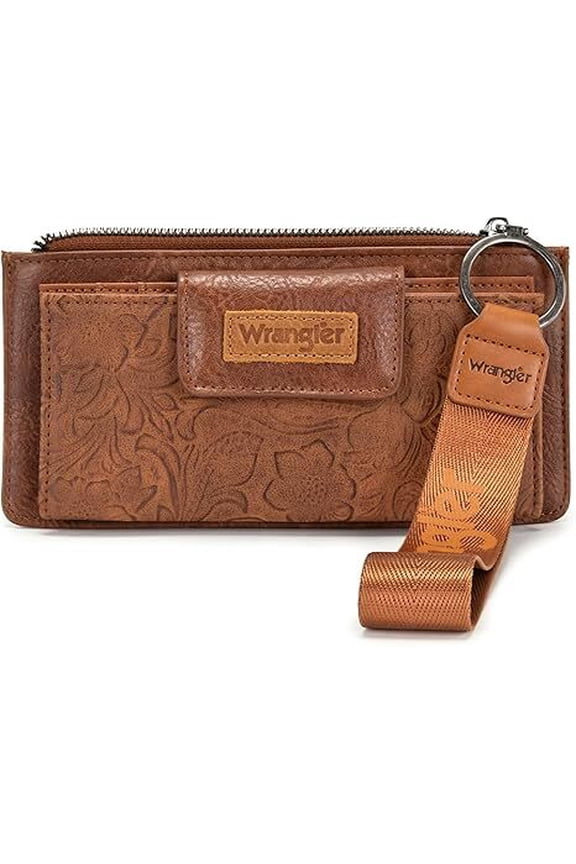 Wrangler Women’s Western Wallet - RFID Blocking Bifold Wristlet with Zipper Pocket and Elegant Tooling Design, Brown