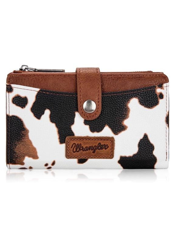 Wrangler Wallets for Women Slim Bifold Credit Card Holder, Cow Print-Brown