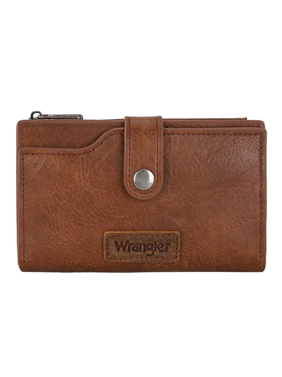 Wrangler Wallets for Women Slim Bifold Credit Card Holder with Zipper and ID Window, Brown