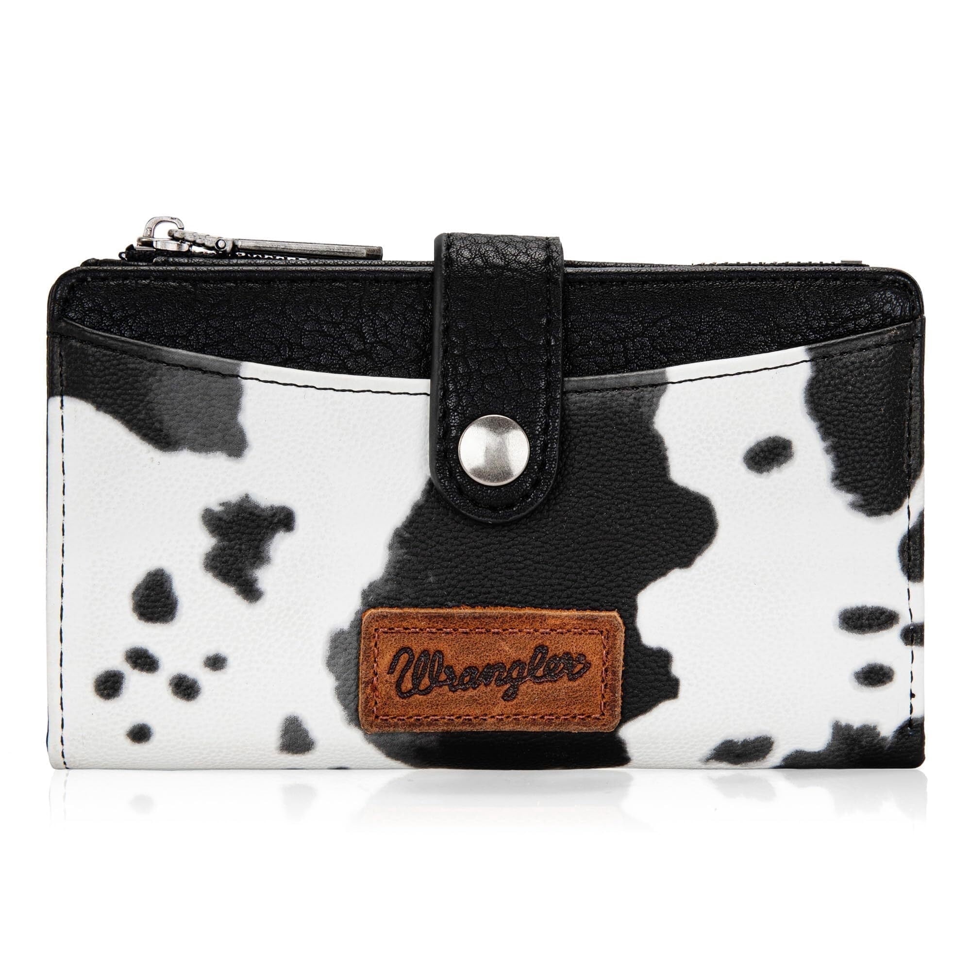 Wrangler Wallets for Women Slim Bifold Credit Card Holder, Cow Print-Black