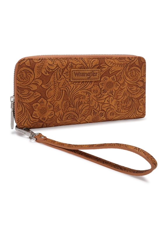 Wrangler Wallets for Women Western Dual‑Zipper Wristlet Clutch Compact Card Organizer, Brown