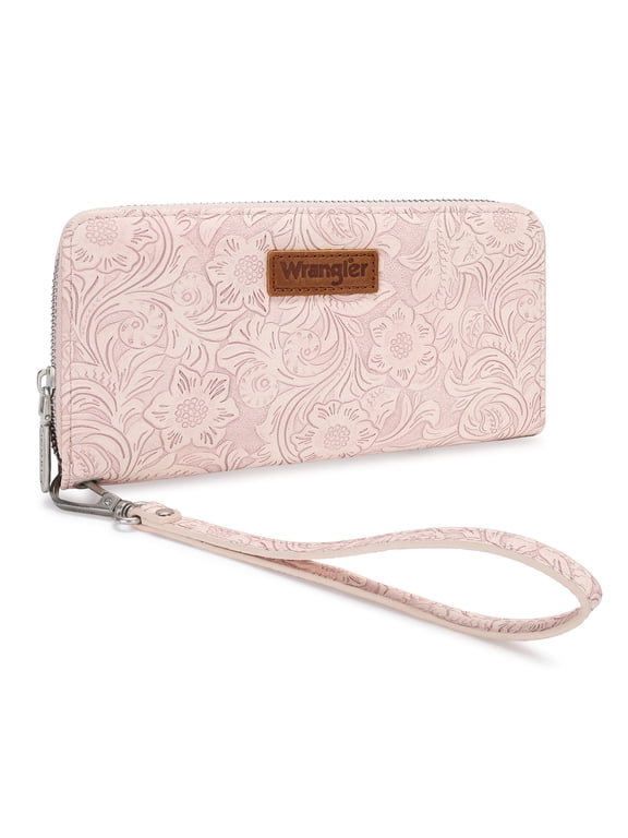 Wrangler Wallets for Women Western Dual‑Zipper Wristlet Clutch Compact Card Organizer, Pink