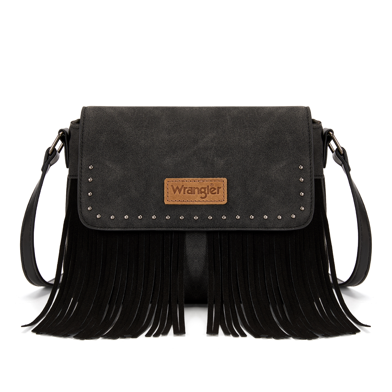 Wrangler Western Fringe Crossbody Bag for Women Suede Faux Leather Flap Purse Cowboy Tassel Handbag, Black