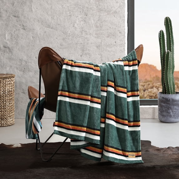 Wrangler Western Saddle Stripe Green Ultra Soft Plush Fleece King Blanket