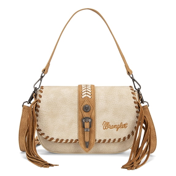 Wrangler Western Shoulder Bag for Women Vintage Cowgirl Crossbody Purse with Fringe, Tan