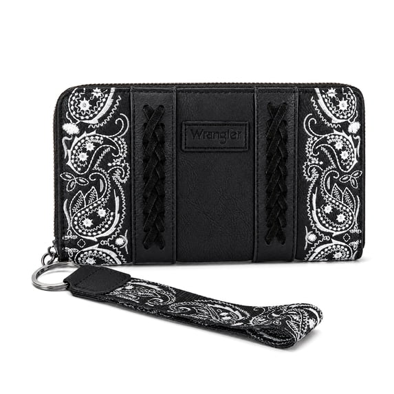 Wrangler Western Wallet for Women RFID Paisley Wristlet Purse with zipper, Black