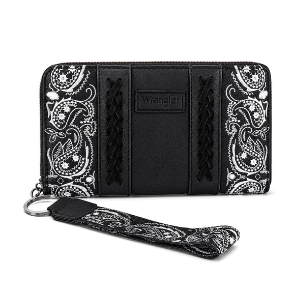 Wrangler Western Wallet for Women RFID Paisley Wristlet Purse with zipper, Black