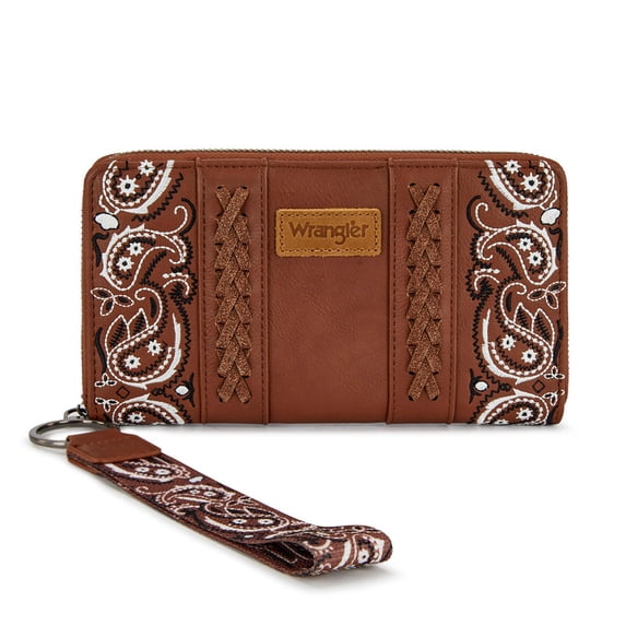 Wrangler Western Wallet for Women RFID Paisley Wristlet Purse with zipper, Brown