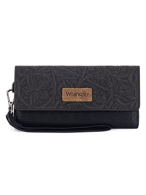 Wrangler Western Wallets for Women Trifold Wristlet Wallets Large Capacity Women Clutch Wallet with Coin Purse, Black