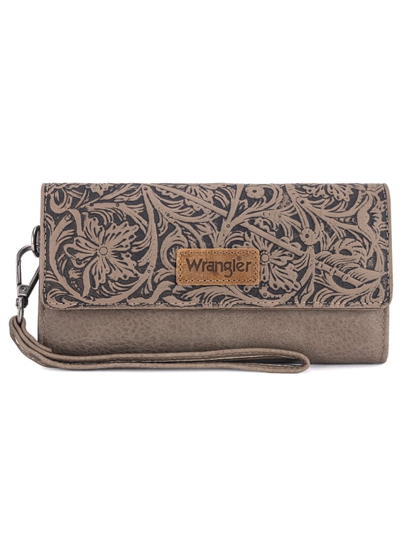 Wrangler Western Wallets for Women Trifold Wristlet Wallets Large Capacity Women Clutch Wallet with Coin Purse, Deep Khaki