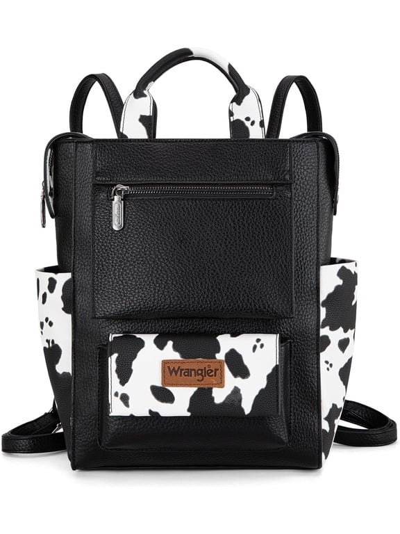 Wrangler Women Backpack Purse Convertible Backpack Vegan Leather Ladies Anti Theft Backpack with Adjustable Strap, Cow-Black