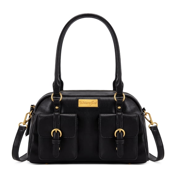 Wrangler Women Dome Top‑Handle Purse Medium Shoulder Handbag with Detachable Crossbody Strap, Black