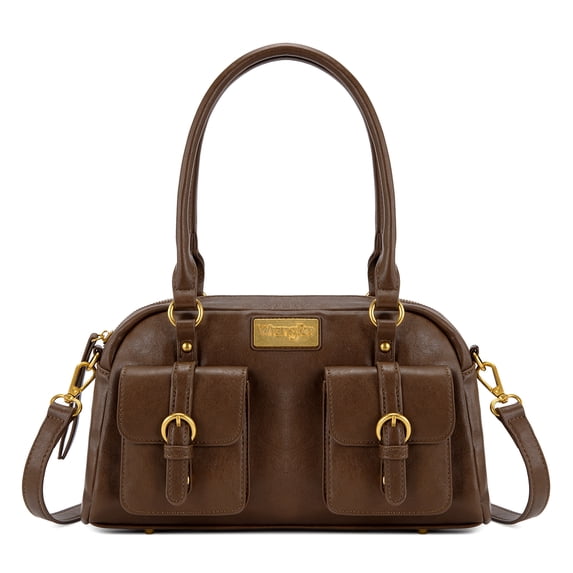 Wrangler Women Dome Top‑Handle Purse Medium Shoulder Handbag with Detachable Crossbody Strap, Coffee