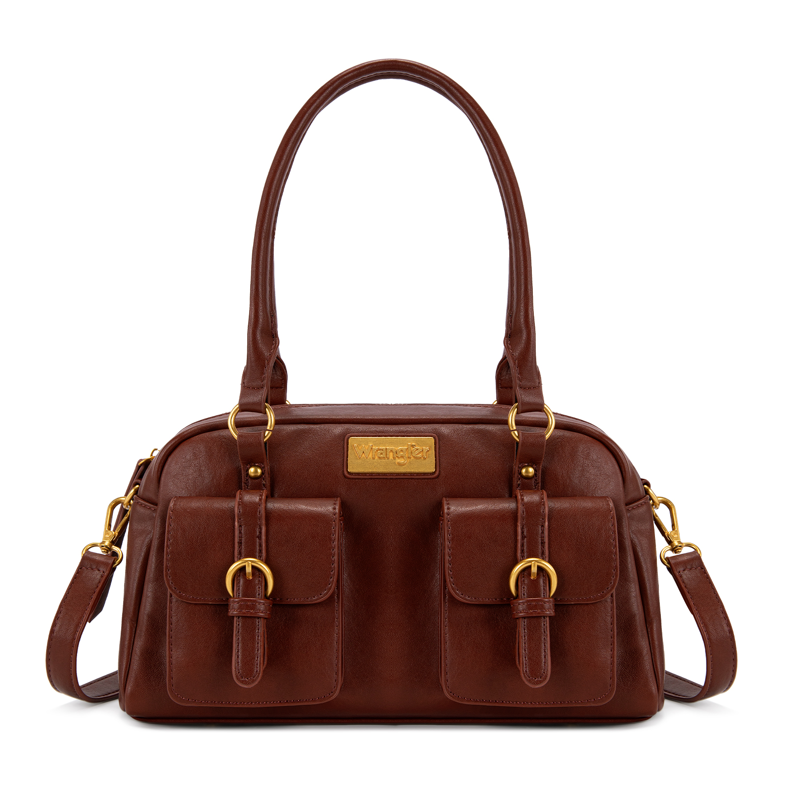 Wrangler Women Dome Top‑Handle Purse Medium Shoulder Handbag with Detachable Crossbody Strap, Dark Brown