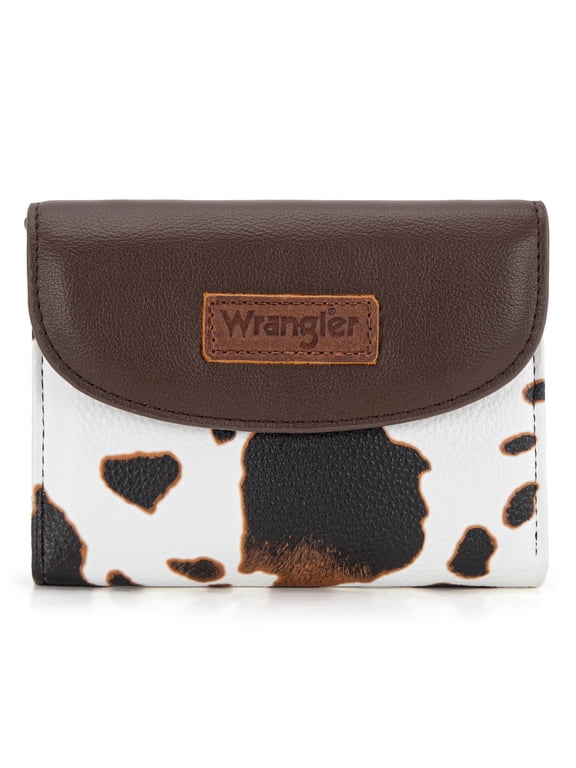 Wrangler Women RFID Blocking Trifold Wallet Cow Leopard Print Card Cash Purse, COW-Brown