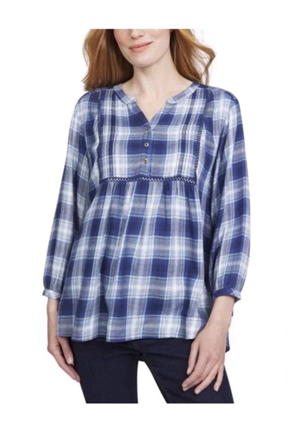 Women's Size Large (12-14) Long Sleeve Plaid Blouse, Blue