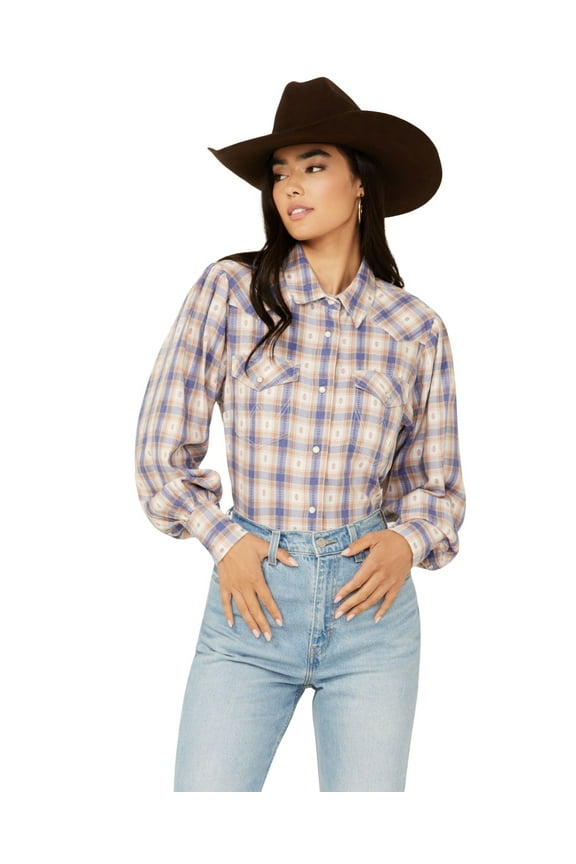 Women's Balloon Sleeve Plaid Print Snap Western Shirt - 112343489 Medium  US